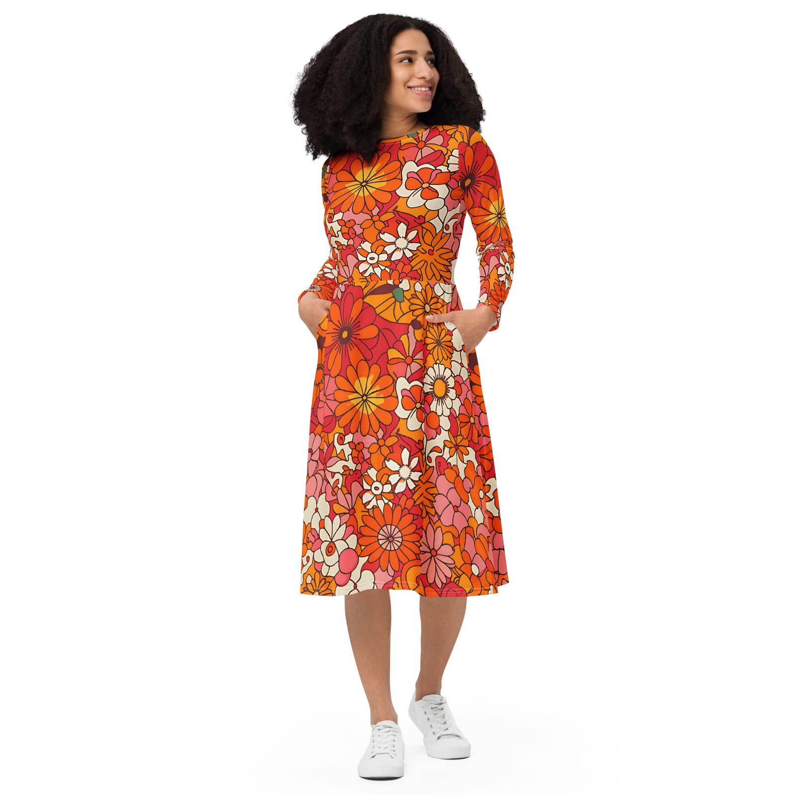 all-over-print-long-sleeve-midi-dress-white-front-69edcee5c273f Retro Style 70s Long sleeve midi dress - Image 1